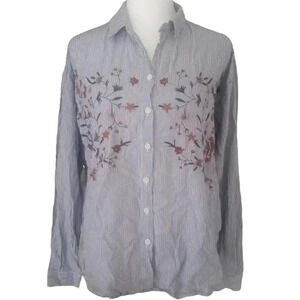Beachlunchlounge Pinstripe Floral Embroidered Front Button Up Blouse Size Medium